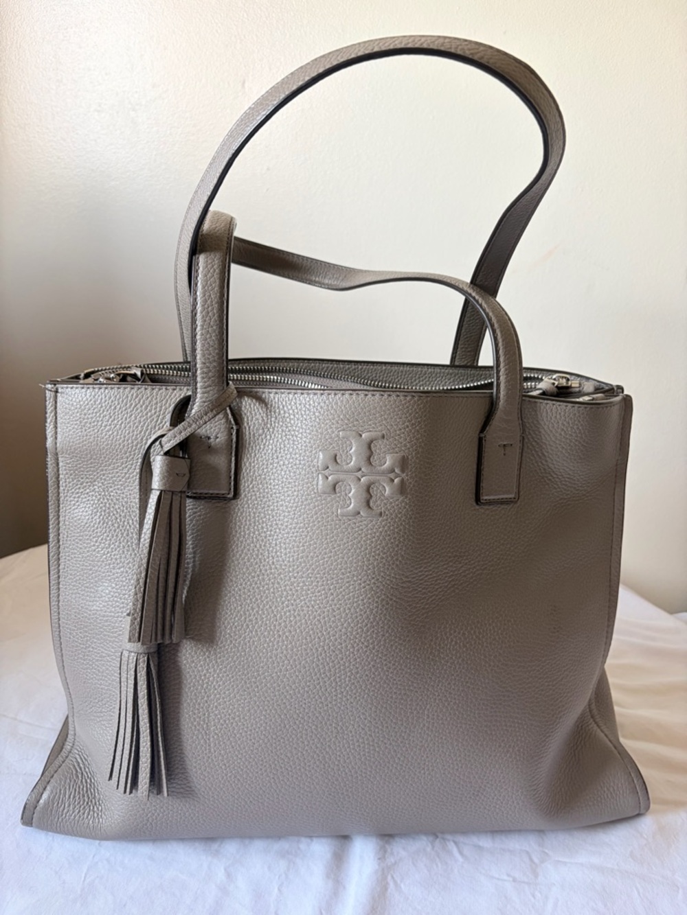 Tory Burch Taupe Pebbled Leather Tote with Tassel